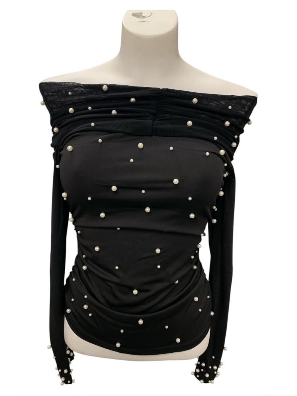 Chicme Pearl-Embellished Off-Shoulder Black Women's Blouse Size S